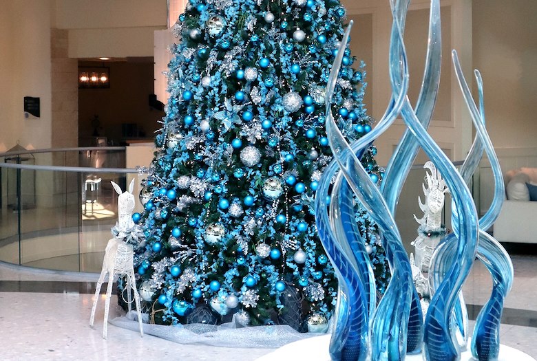 Decorated tree in resort lobby