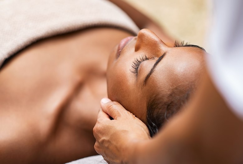 Close up image of guest preparing for a facial treatment at Ocean Spa in Key Largo