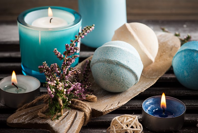 Candles, lavender and other items for wellness spa rituals at Ocean Spa in Key Largo, Florida